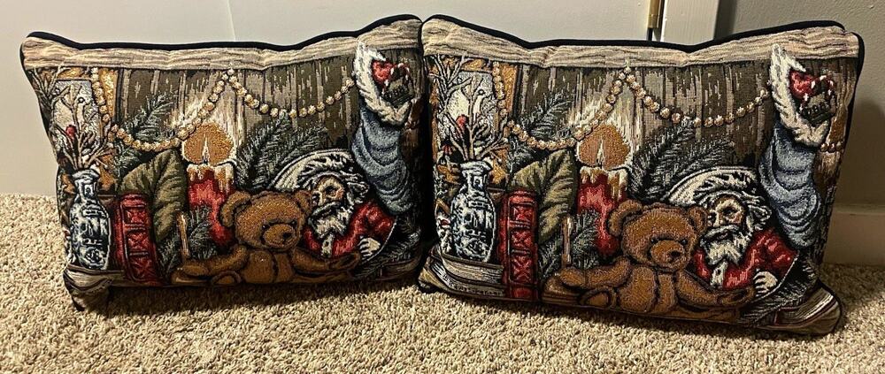 VTG Travis Spencer Christmas Pillows Set of 2 Tapestry Santa Sparkle Holiday